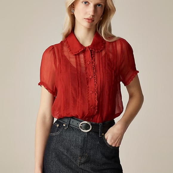 J.Crew Women’s Sheer Lace-Trim Button Up Shirt Short Sleeves Red NWT Sz 00 CD018 - Picture 1 of 9